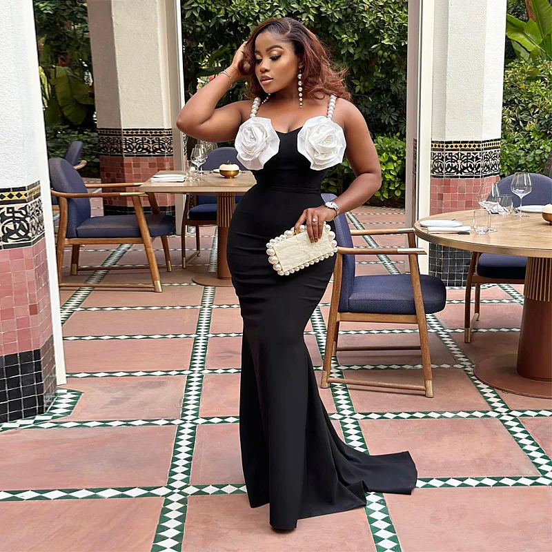 Elegant Party Evening Dress for Women's 3D Floral Slim Wedding Guest Cocktail Sexy Camis Pearl Strap Maxi Dress