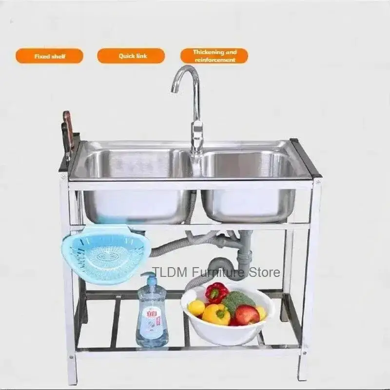 With Bowls Washing Basin Stainless Steel Kitchen Sink Floor-standing Bracket Multifunctional Washbasin Double Thickened Basin