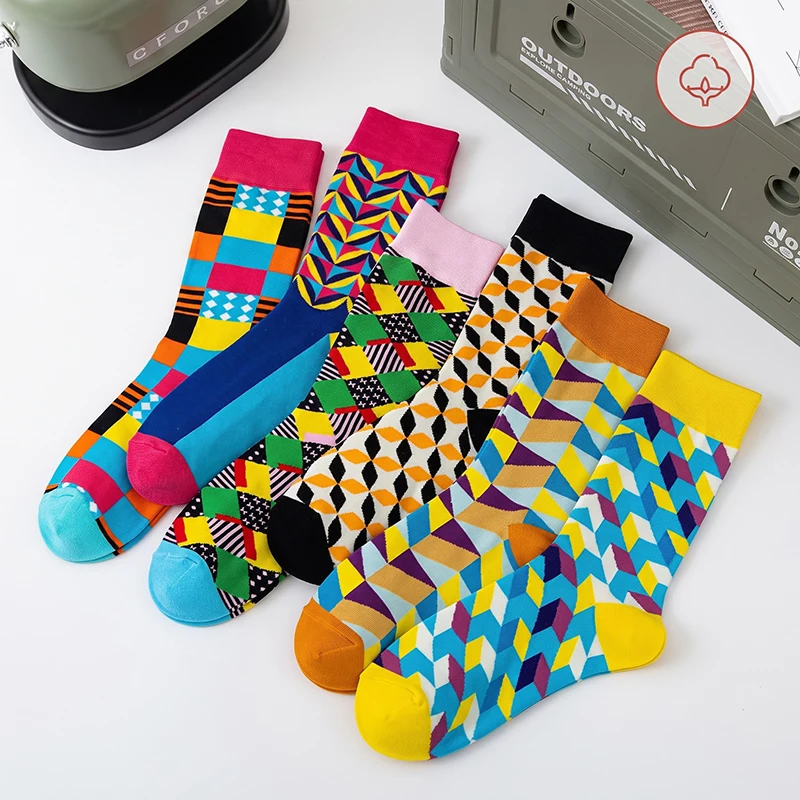 1/6 Pairs Latest Men Women Couple Funny Socks Fine Paragraph Diamond Geometric Pattern Sport Casual Colorful Combed Cotton Socks