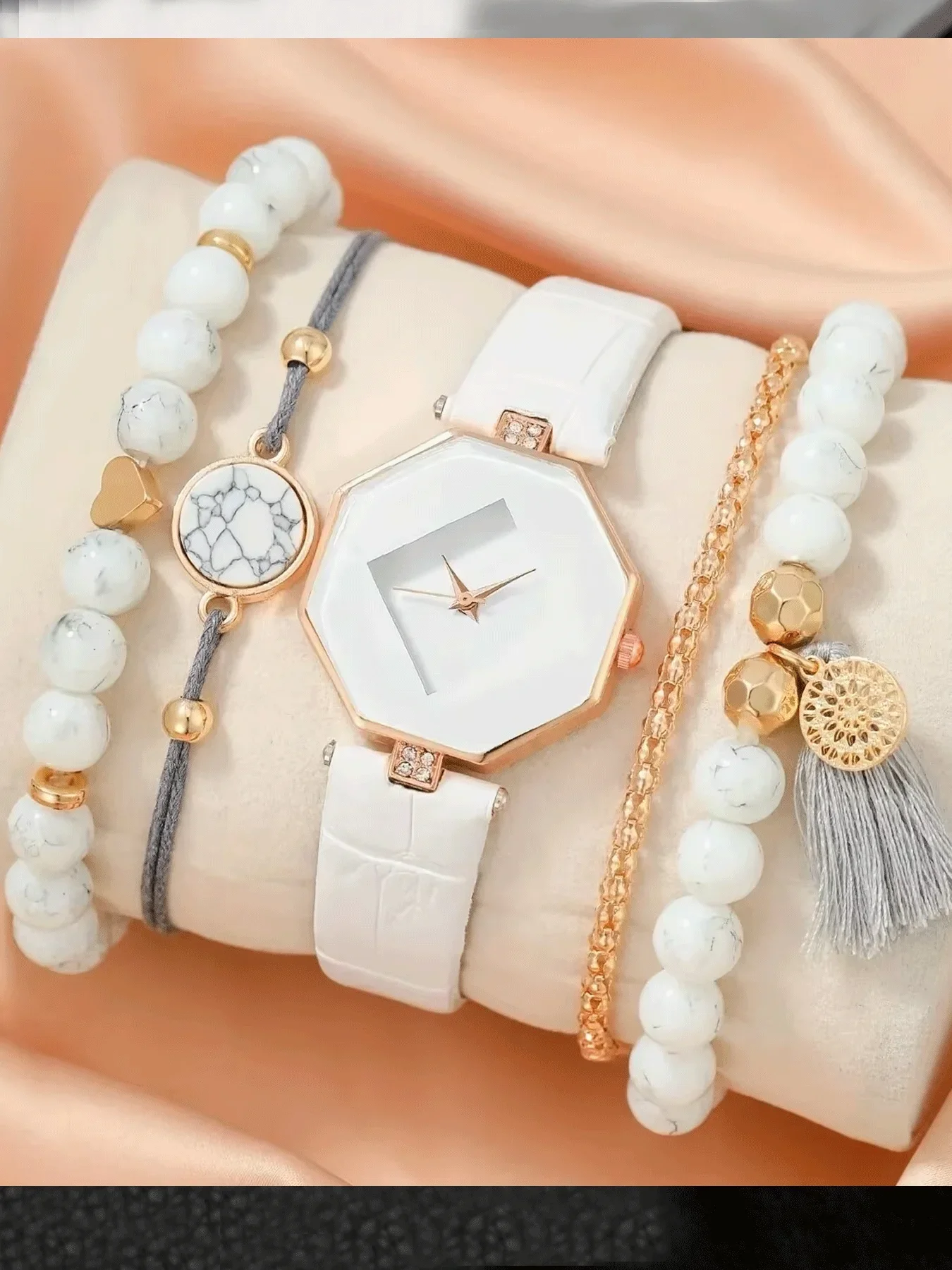 Fashion Women White Geometric Quartz Watch Marble Pattern Beaded Tassel Bracelet Jewelry Gift Set
