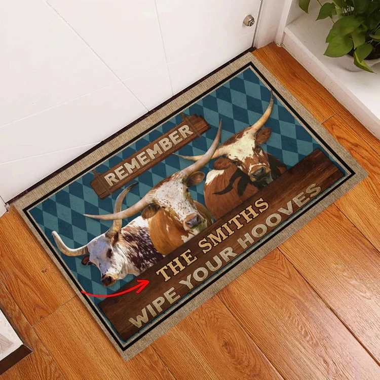 Texas Longhorn Wipe Your Hooves Custom Name Doormat 3D Printed Doormat