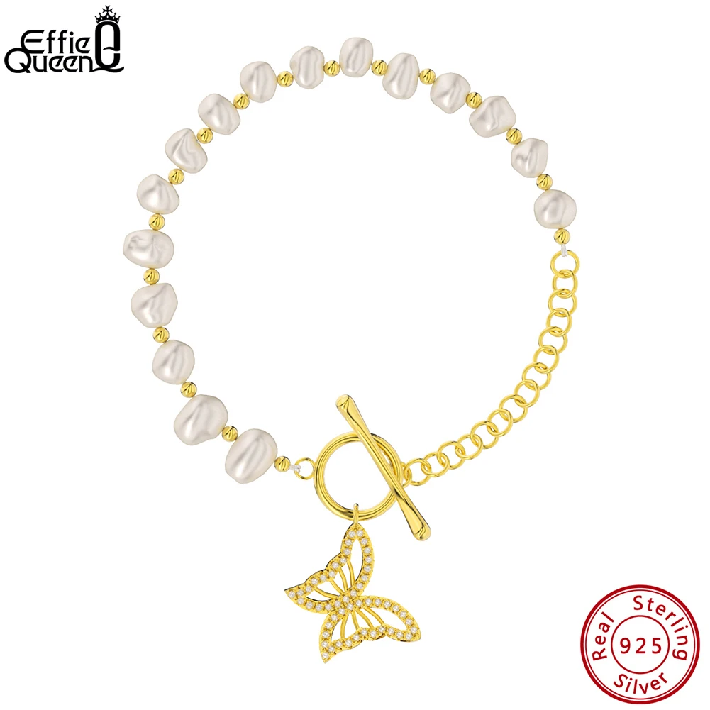 

EFFIE QUEEN Luxury 14K Gold Baroque Pearl Bracelet for Women S925 Silver Chain Bracelet with Exquisite Butterfly Jewelry GPB23