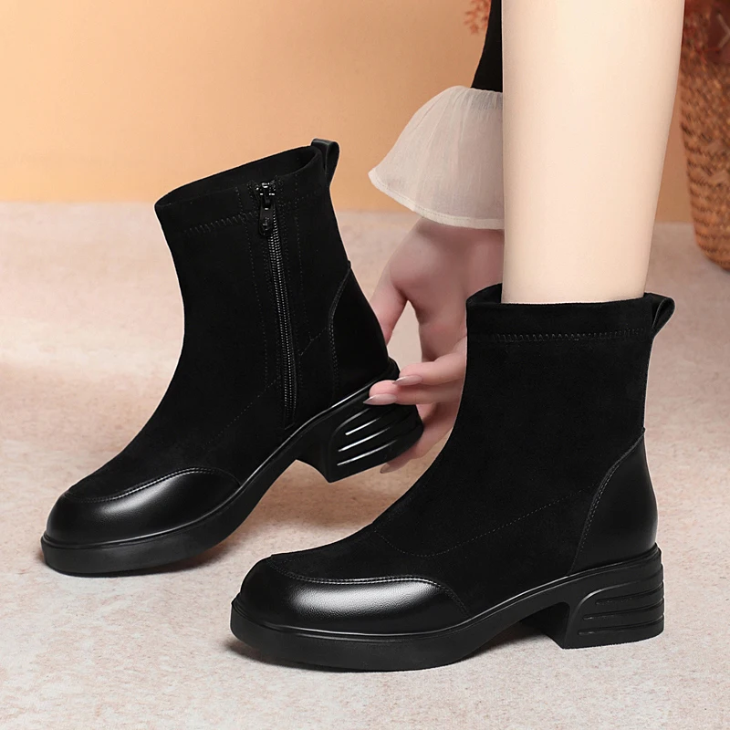 DIMANU المرأة حذاء من الجلد 2025 جديد الصوف الطبيعي الدافئة المرأة أحذية الثلوج حجم كبير الشتاء أحذية بوت قصيرة #1