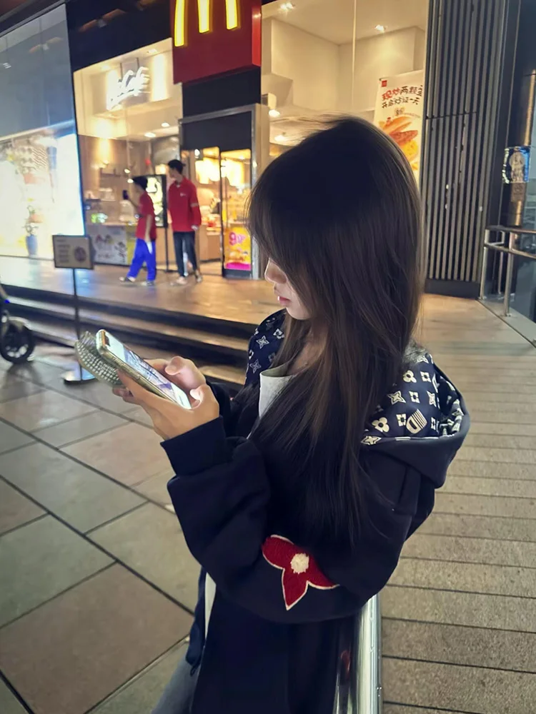 

American High Street Embroidered Flower Hooded Zipper Thiened Fce Women's Sweatirt Autumn Winter Trendy Brand Printed ...