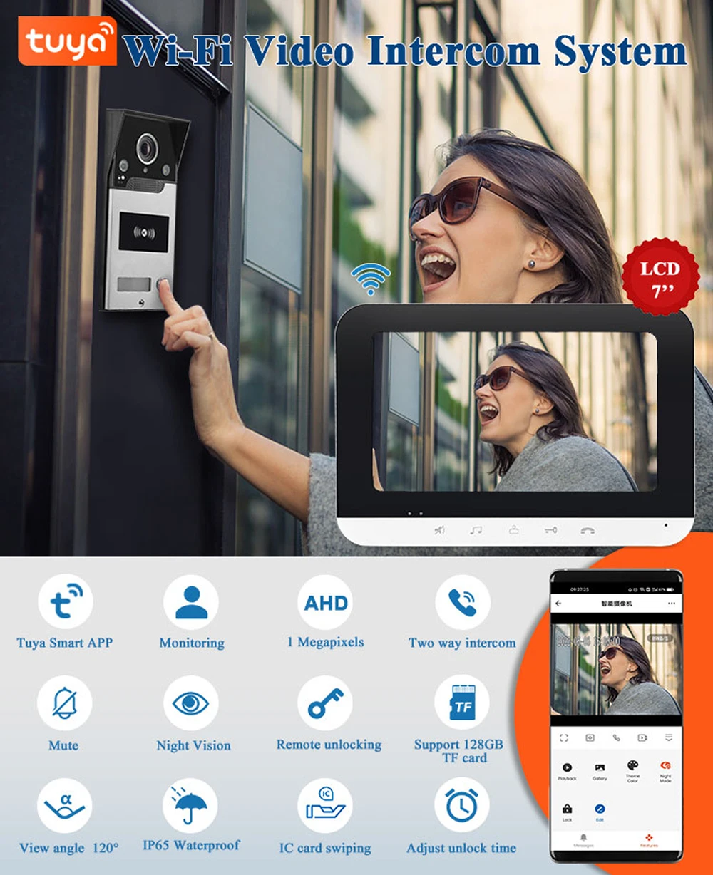 Tuya WiFi Smart Video Door Phone Intercom System, Monitor e Bloqueio, Câmera RFID Campainha, Telefone APP Desbloqueio, 7 \