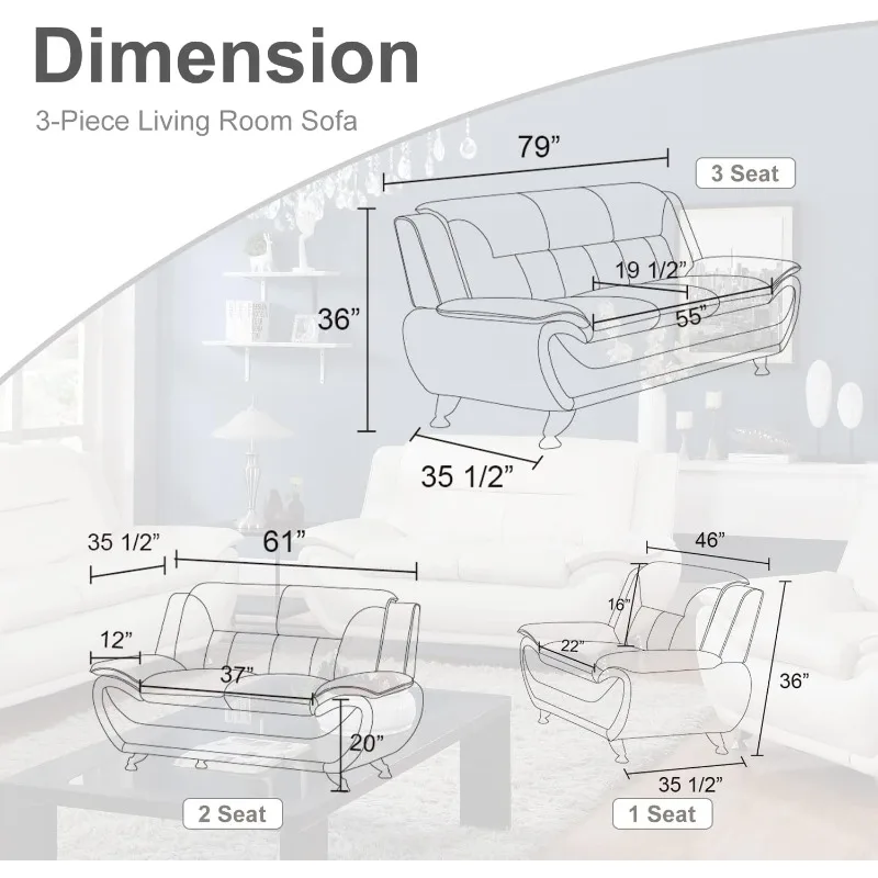 3 Piece Living Room Furniture Set, Leather Sofa Set for Living Room, Modern Couch Set with 3-Seater Sofa, Lovesat and Armchair