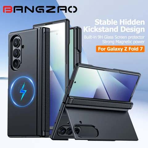 Fit for Magsafe,Hinge Protection,Screen Protector,Built-in Hidden Kickstand,Slim Shockproof Phone Case for Galaxy Z Fold 7-Black