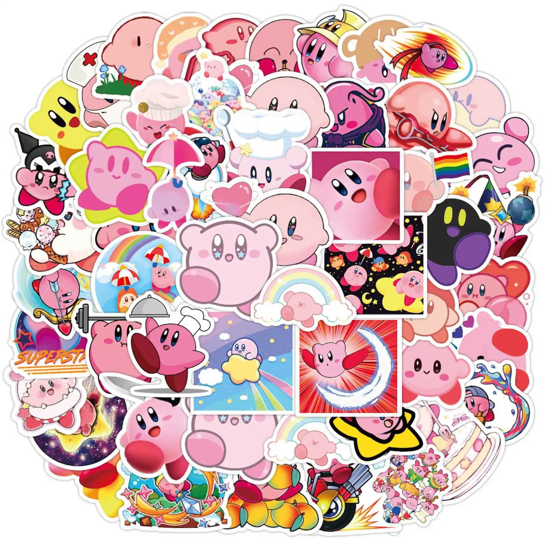 50pcs Cute Cartoon Kirby Graffiti Children’s Reward Notebook Water Cup Waterproof Sticker