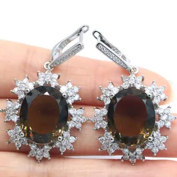 45x27mm Delicate Fine Cut Red Blood Ruby Smoky Topaz White CZ Women Dating Silver Earrings