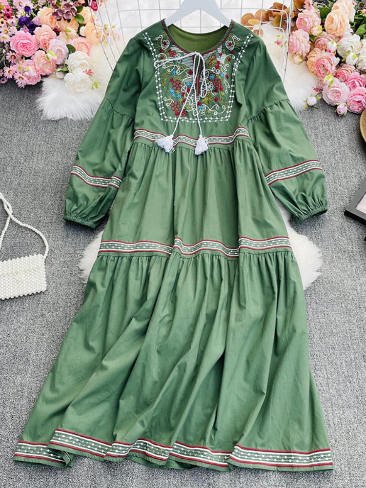 Vintage Dresses For Women Ethnic Embroidery O-neck Fringe Lace-up Puff Sleeve Fashion Medium And Long Female Boho  Dress