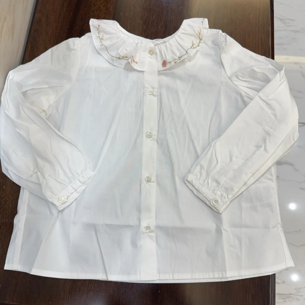 Girls clothes High quality handmade embroidery Lotus leaf edge lapel White long sleeved shirt Versatile girls' French shirt