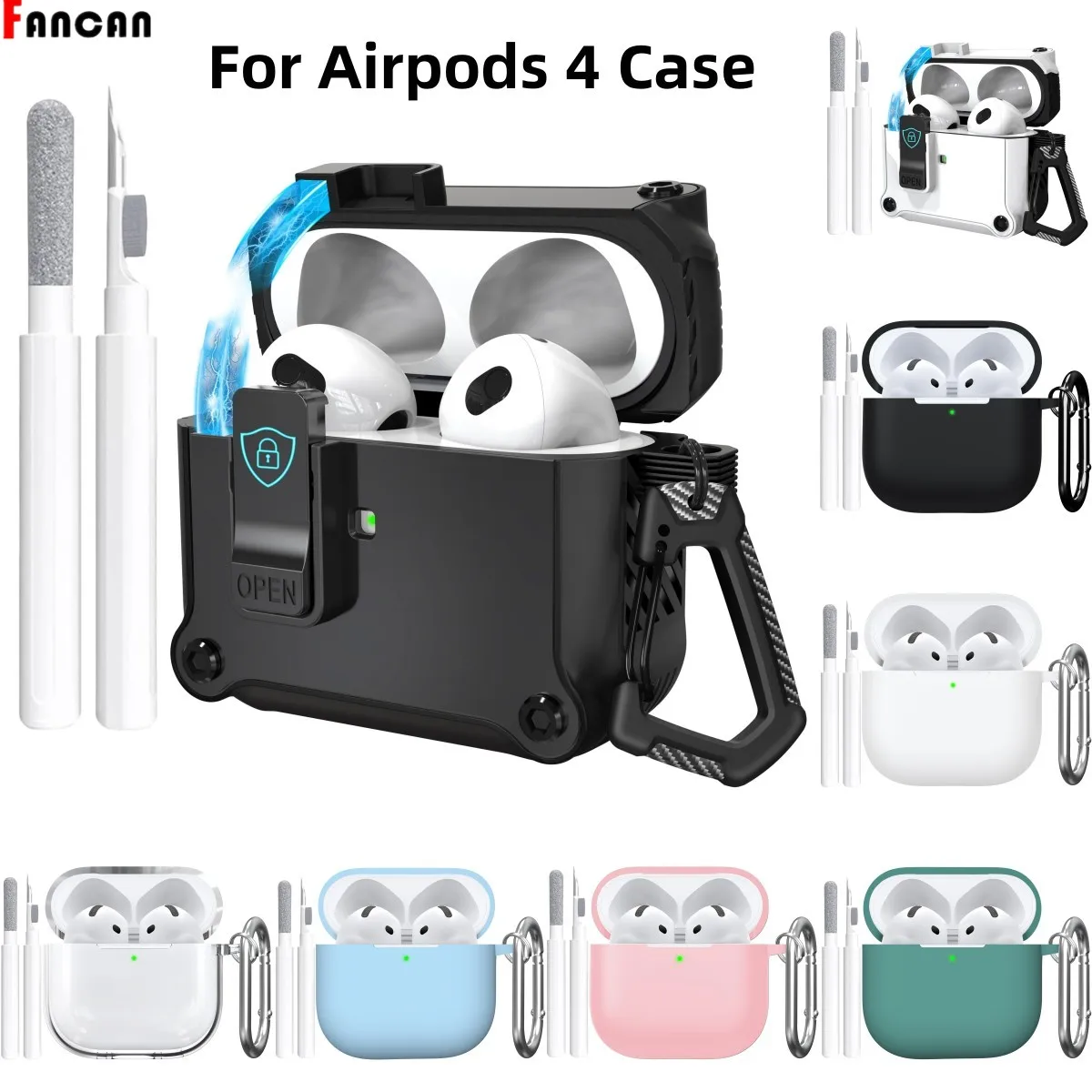 Funda para Airpods de 4 generación con Kit de limpieza, llavero, protección contra caídas, estuche de carga inalámbrica para Airpods 4, para mujeres y hombres