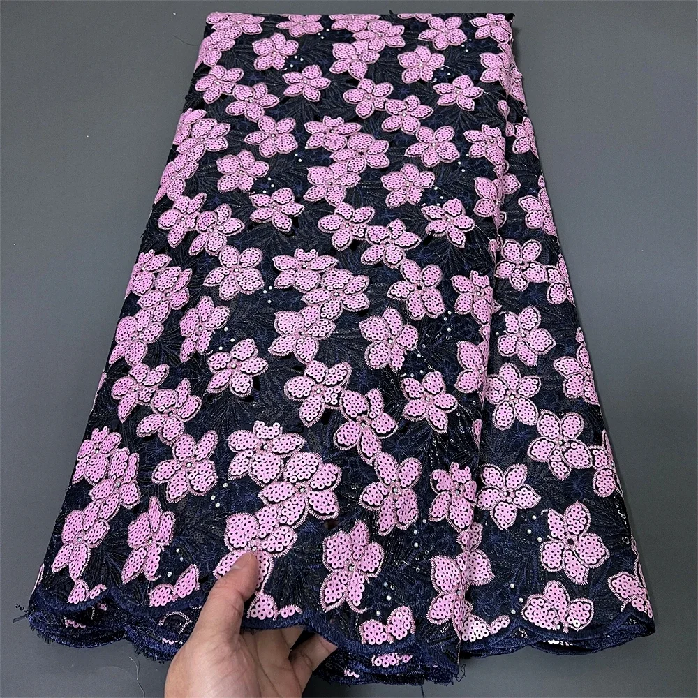 

2025 African Nigerian High Quality Latest Tulle Lace Fabric Sequins Sewing Guipure Beads Stone Embroidery Dresses 5yards
