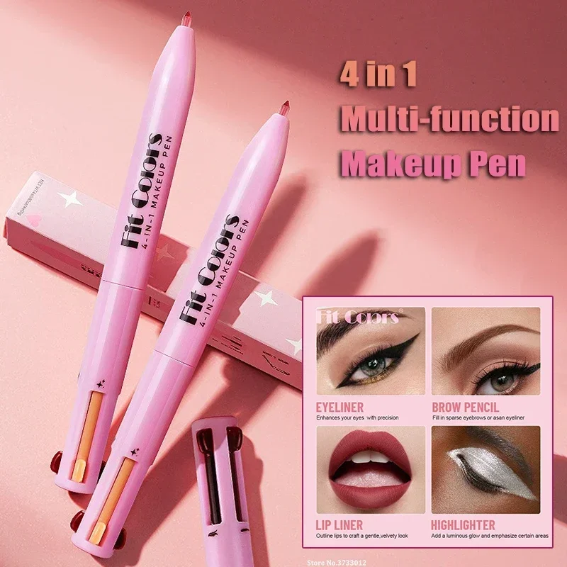 4 in 1 Multi-function Makeup Pen Gel Eyeliner Matte Lip Liner Lipstick Eyebrow Pencil Highlighter Portable Eyeshadow Press Pen