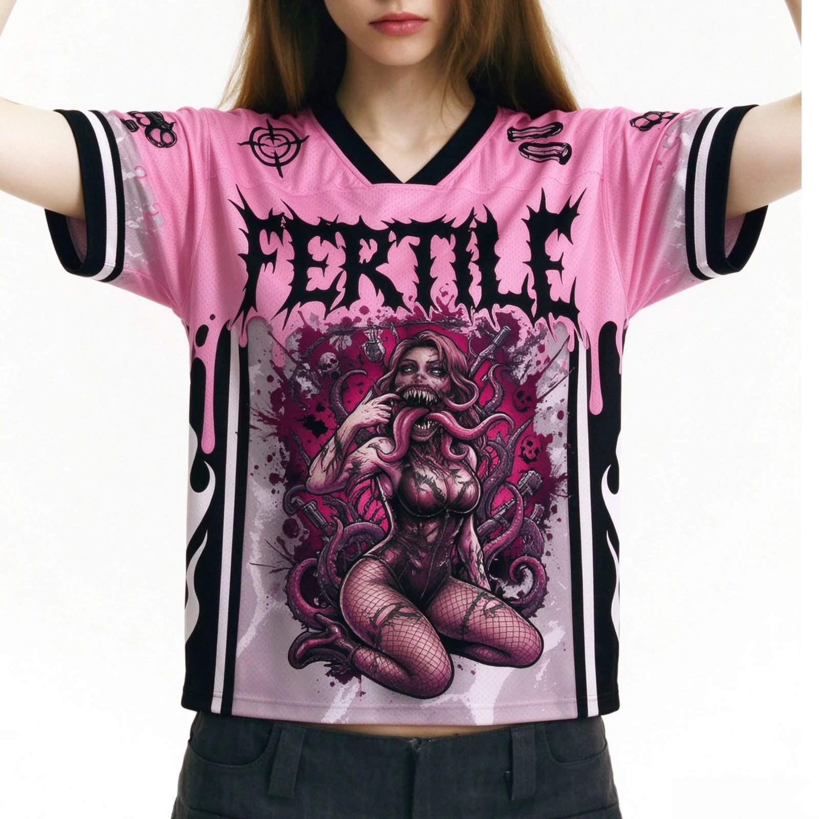 Hardcore Zombie Monster Family Matching Clothes Fertile Slogan V-Neck T Shirts Unisex Heavy Metal Streetwear Hip Hop Tops Y2K