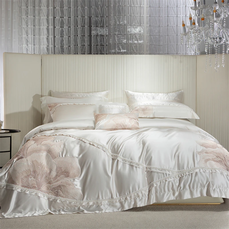 Luxury Lyocell Cotton Bedding Set, Large Floral Embroidery Duvet Cover 4Pcs, Soft Silky Glossy Sateen Bed Linen for Queen/King