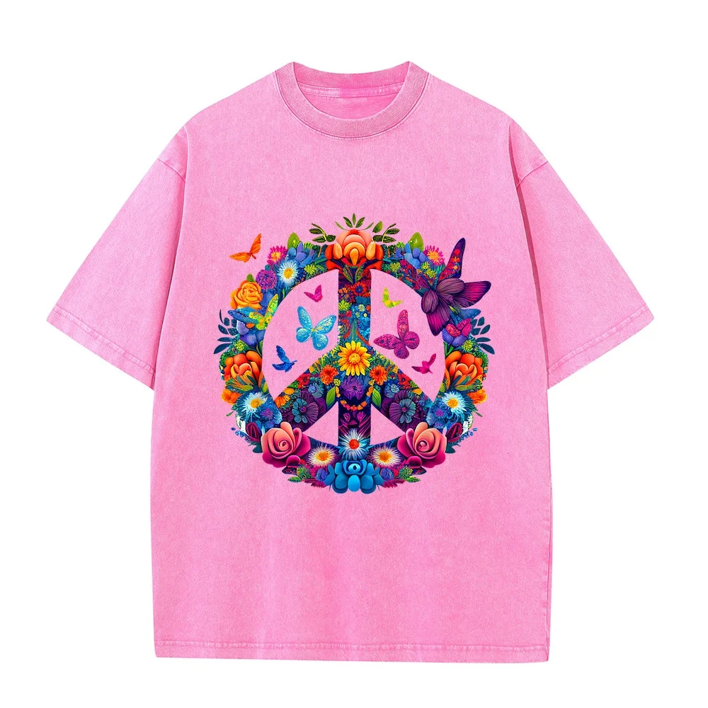 Peace Love 60's 70's Groovy Costume Colorful Flowers T-Shirt 옷 M Size Cotton T Shirt Short Sleeve Summer Top Casual Tee Graphic