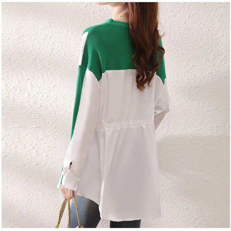 Spring 2024 New Commute Women\'s Color-blocked V-neck Drawstring Spliced Pocket Button Long Sleeved Shirts Cardigan Knitted Tops