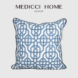Medicci Home Luxury Pillow Covers Porcelain Indigo Blue And White Flat Outline Moroccan Pattern Embroidery Cushion Case 50x50cm