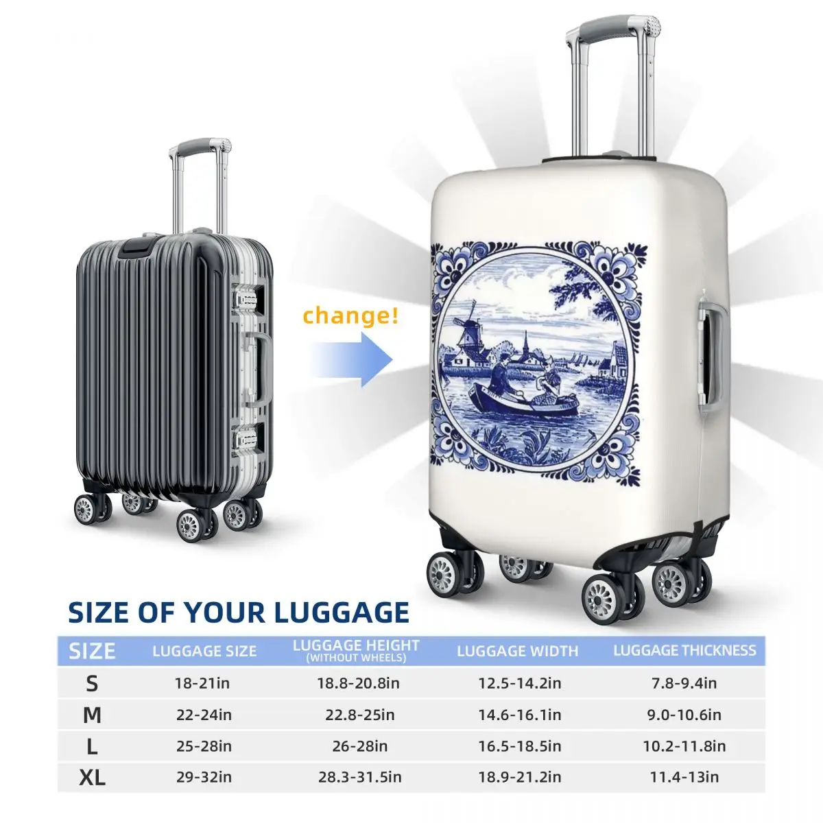 Голландский синий Delft, ветряная мельница, церковные и парусные лодки, защитный чехол для чемодана, эластичные защитные чехлы для дорожного багажа для 18-32 дюймов