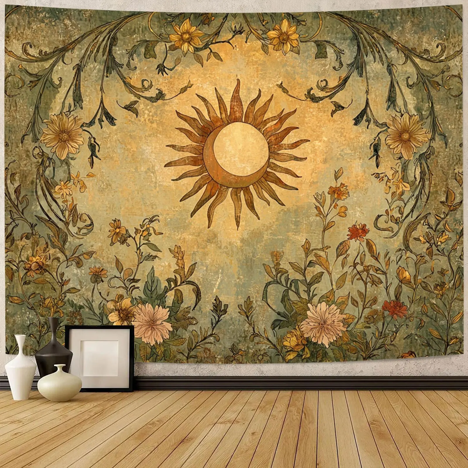 Sun And Moon Tapestry Vintage Bohemian Wall Hanging With Floral Wreath And Ancient Solar Scene Polyester Fiber Art For Dorm Livi