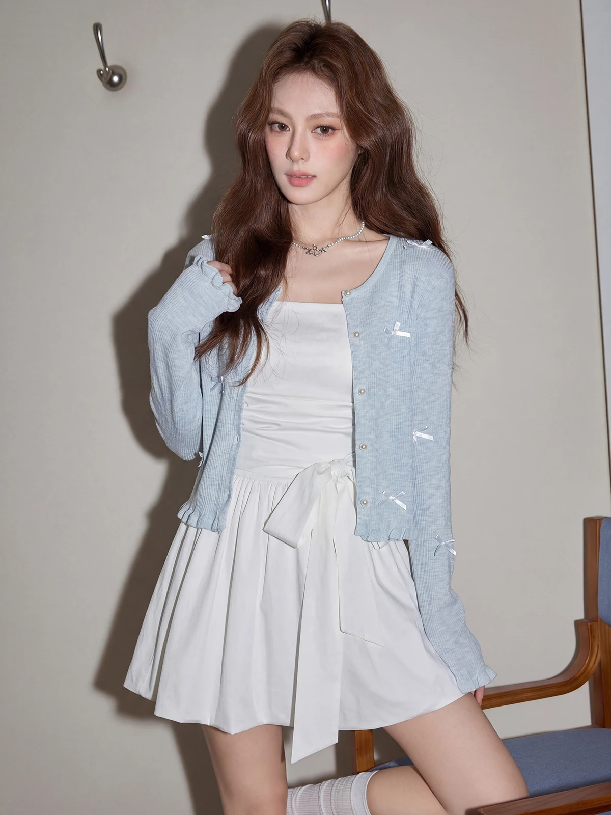 

Blue Knitted Open Cardigan And White Strap Dress Two-Piece Set Women's Summer Fashion Korean Style Breathable Short Sleeve