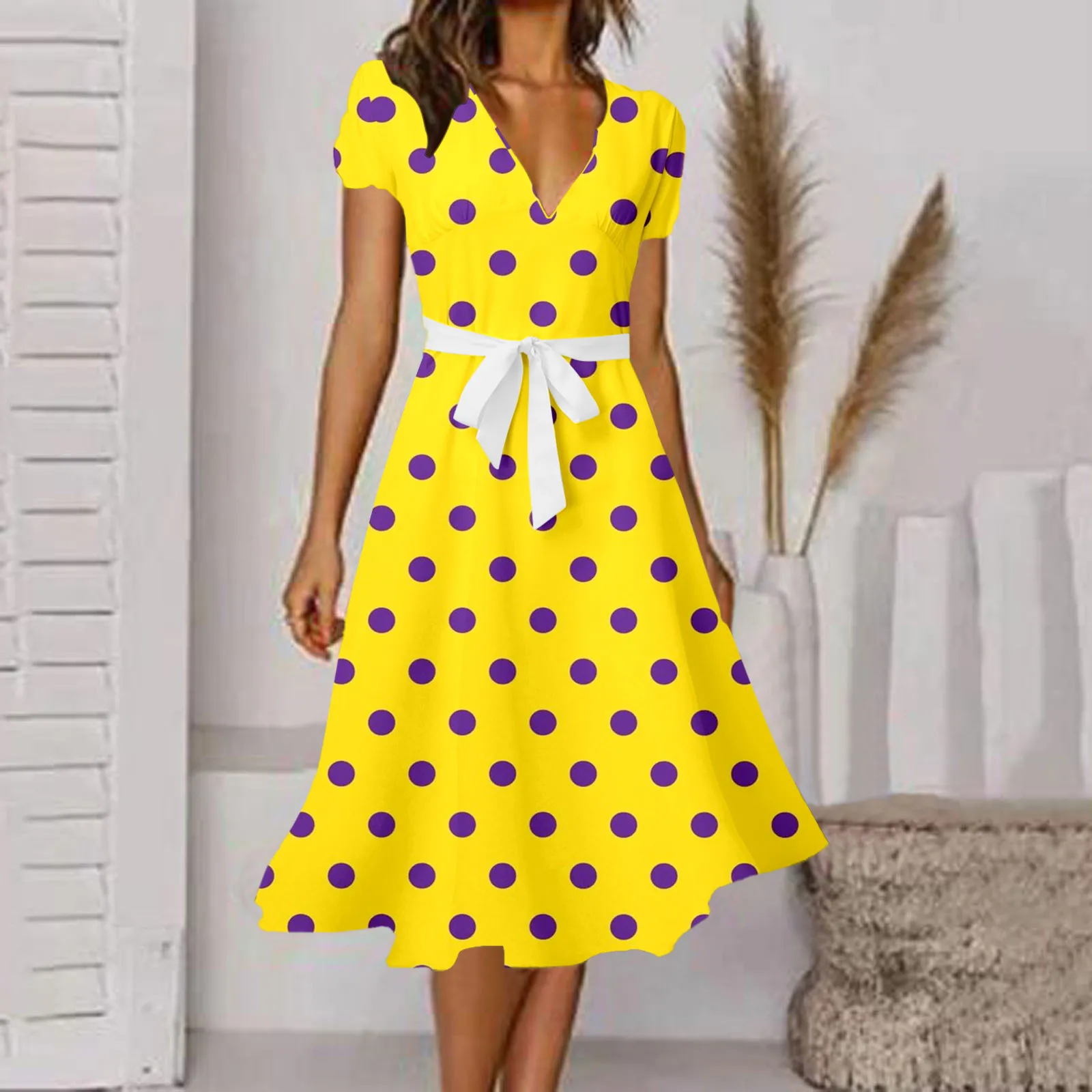 

Summer Polka Dot Dress For Women V-Neck Short Sleeve Midi Dresses A Line Lace Up Elegant Casual Holiday Mid Dress Femme Vestidos