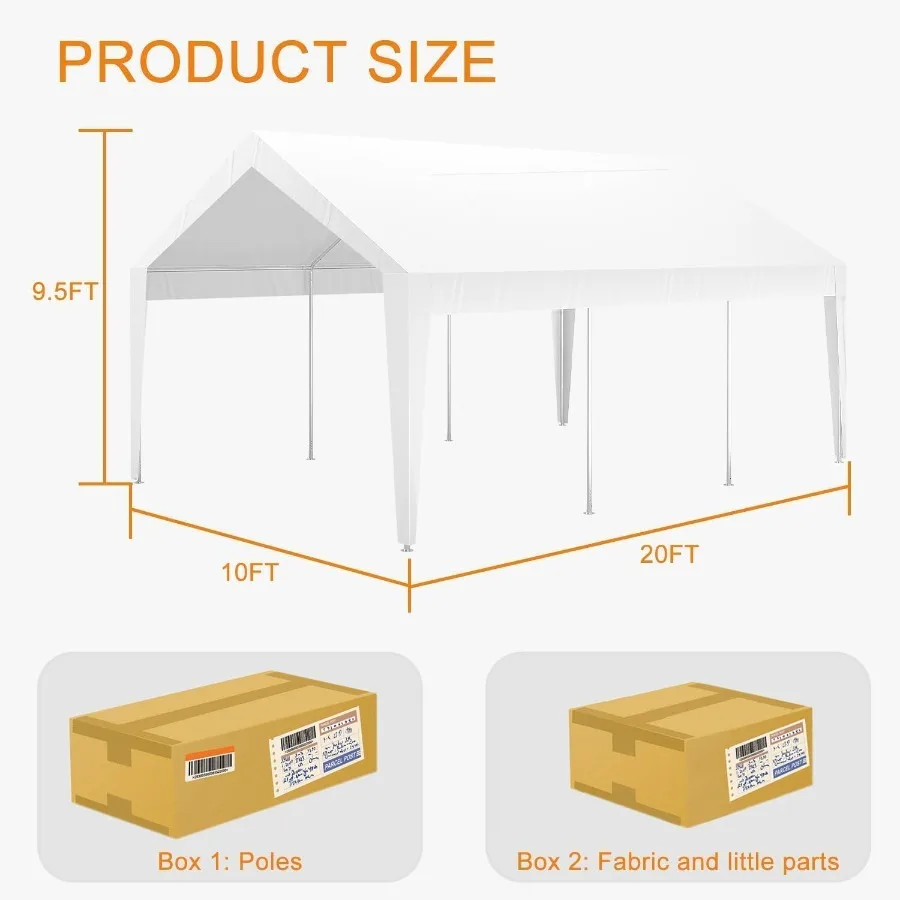 Outdoor Carport 10x20 Ft, Galvanized Steel Frame, White, Heavy Duty Portable Garage with 3-Layer UV-Resistant Water-Resistant P