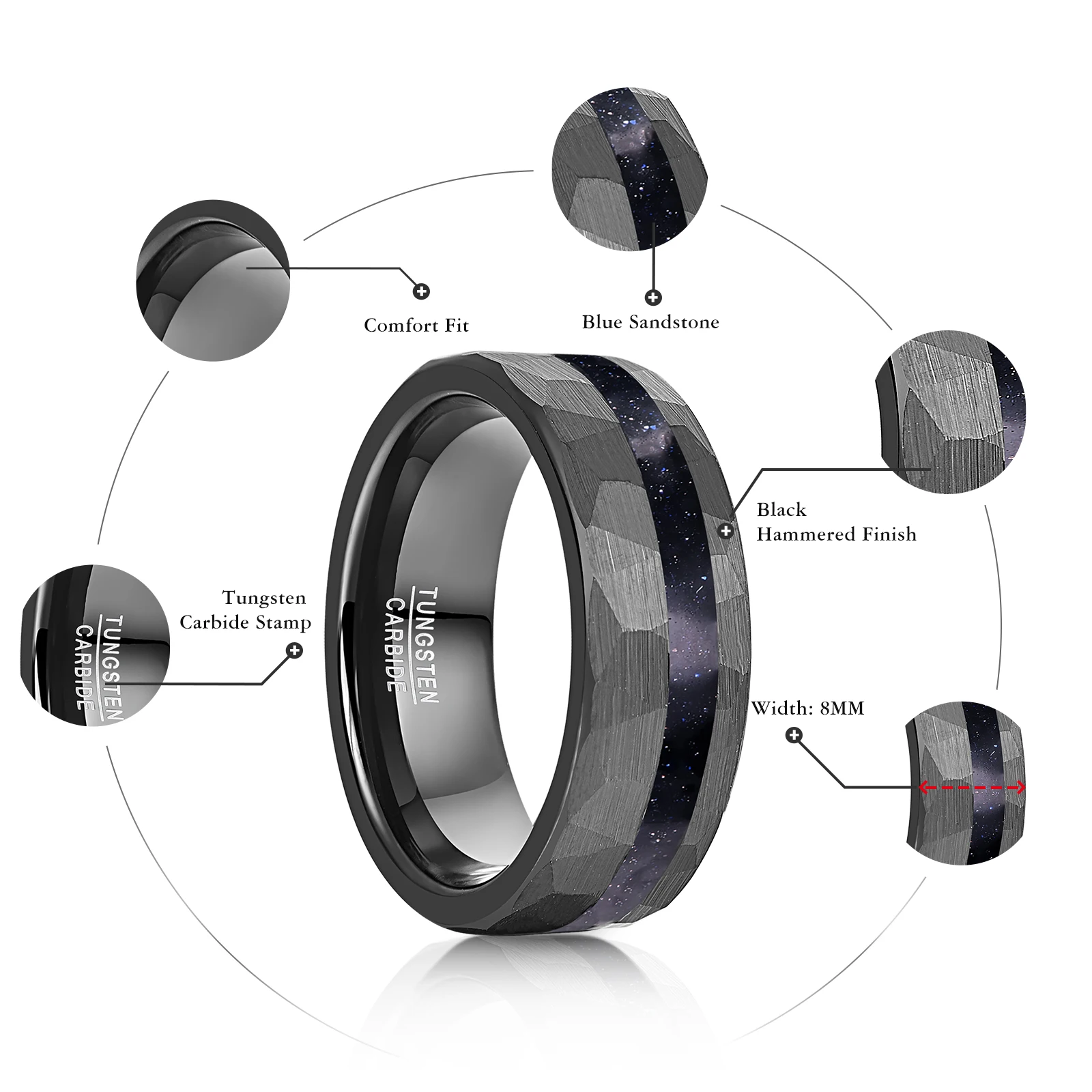 Nuncad 8mm Brushed Matte Black Hammered  Blue sandstone Tungsten Carbide Ring for Man Jewelry