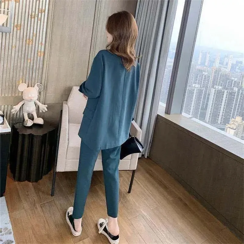 2023 Hong Kong Style Korean Edition Early Autumn Peacock Blue Style Student Fragrant Loose Work Suit Set Two Piece Set Women