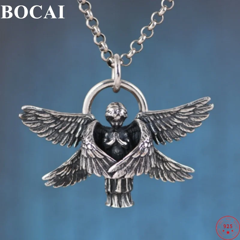 BOCAI S925 Sterling Silver Pendants for Women Men New Fashion Hip Hop Angel Wings Amulet Ancient Jewelry Free Shipping