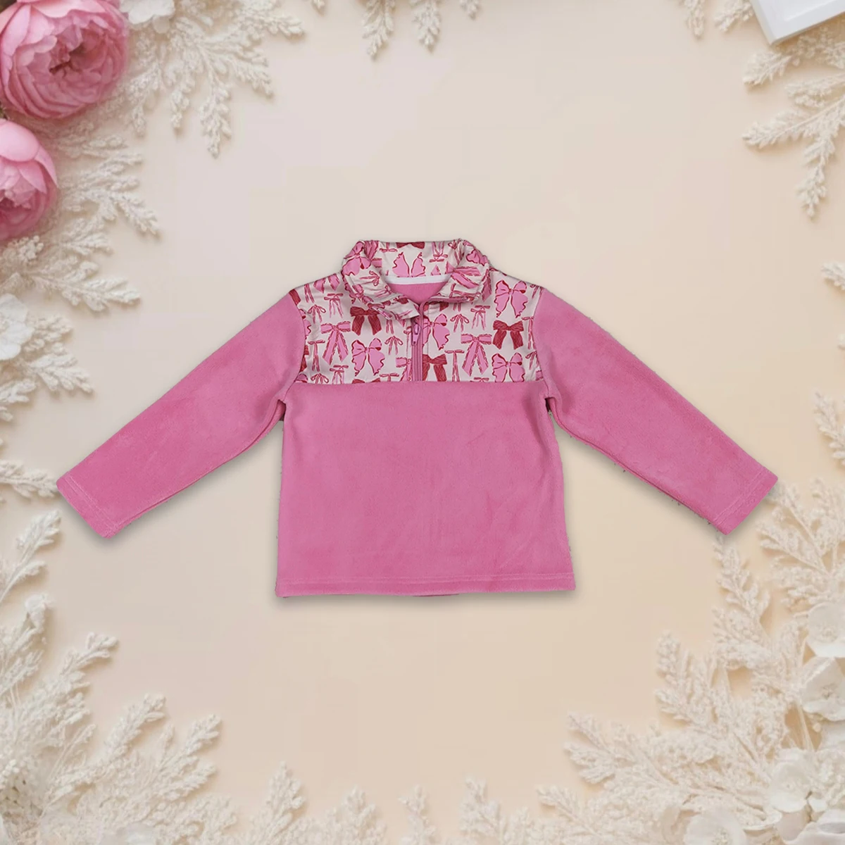 

Baby Girl Winter Fur Coat Long Sleeve Pink Bows Plaid Quatrefoil Overcoat Grain Fleece Lapel Zipper Kids Infant Thick Pullover