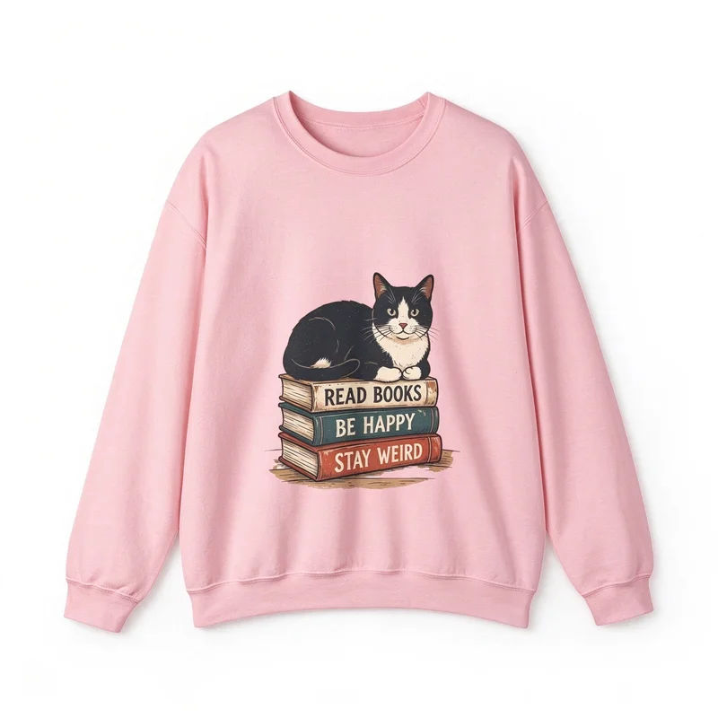 Book Lover Gift Sweatshirt Cute Tuxedo Cat on Stacked Books Print Read Books Be Happy Stay Weird Casual Crewneck Pullover Tops