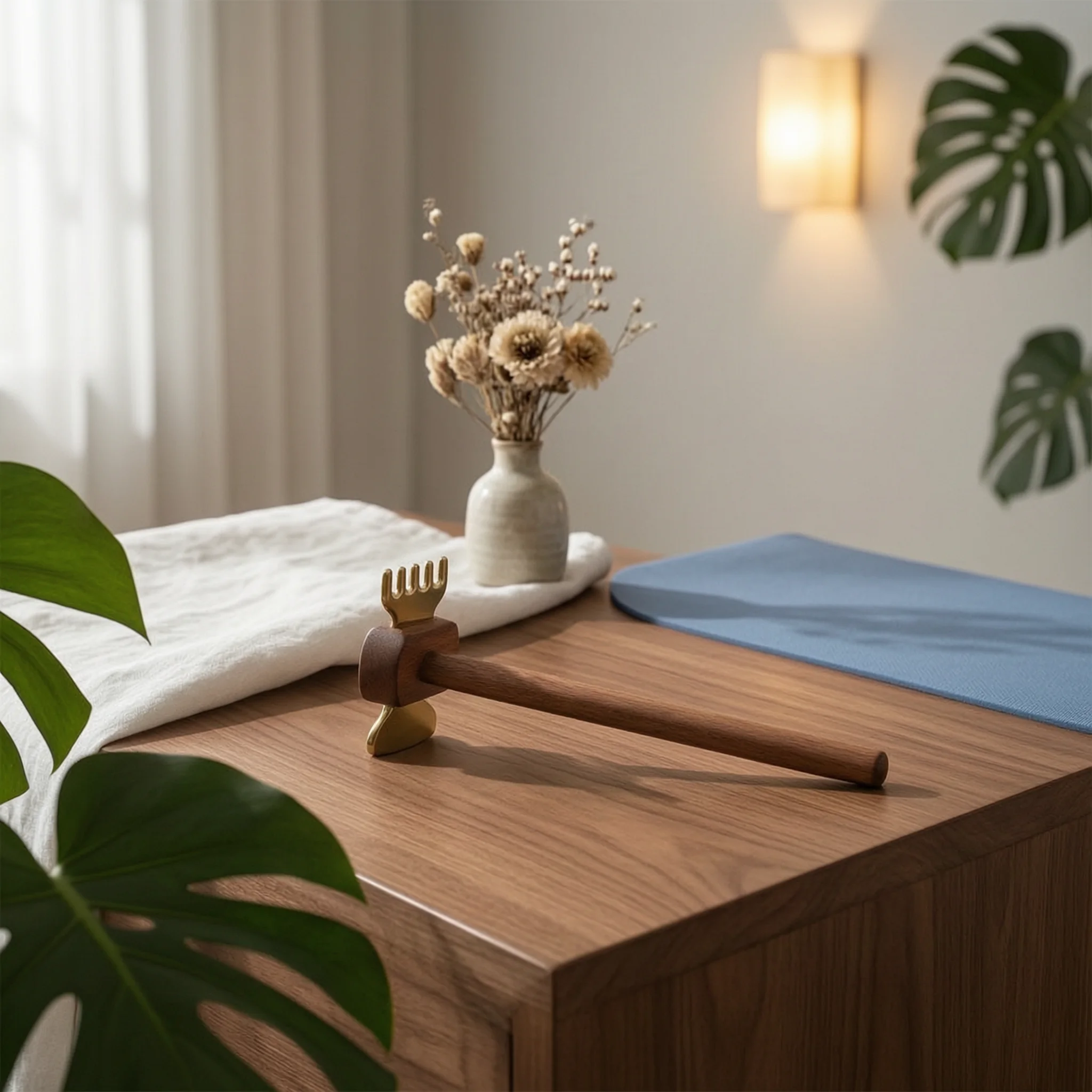 Body Gua Sha Tool with Wooden Handle Comfortable Gua Sha Tool with Long Handle Brass Body Scraper Heavy-Duty Controlled