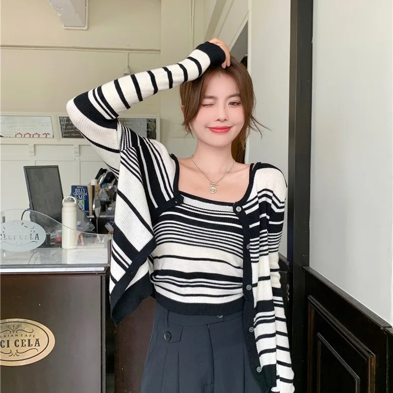 Trend Short Camisole Knitted Cardigan Two-piece Top Striped Thin Sweater Autumn New Long Sleeve Fashion Korean Women Clothing