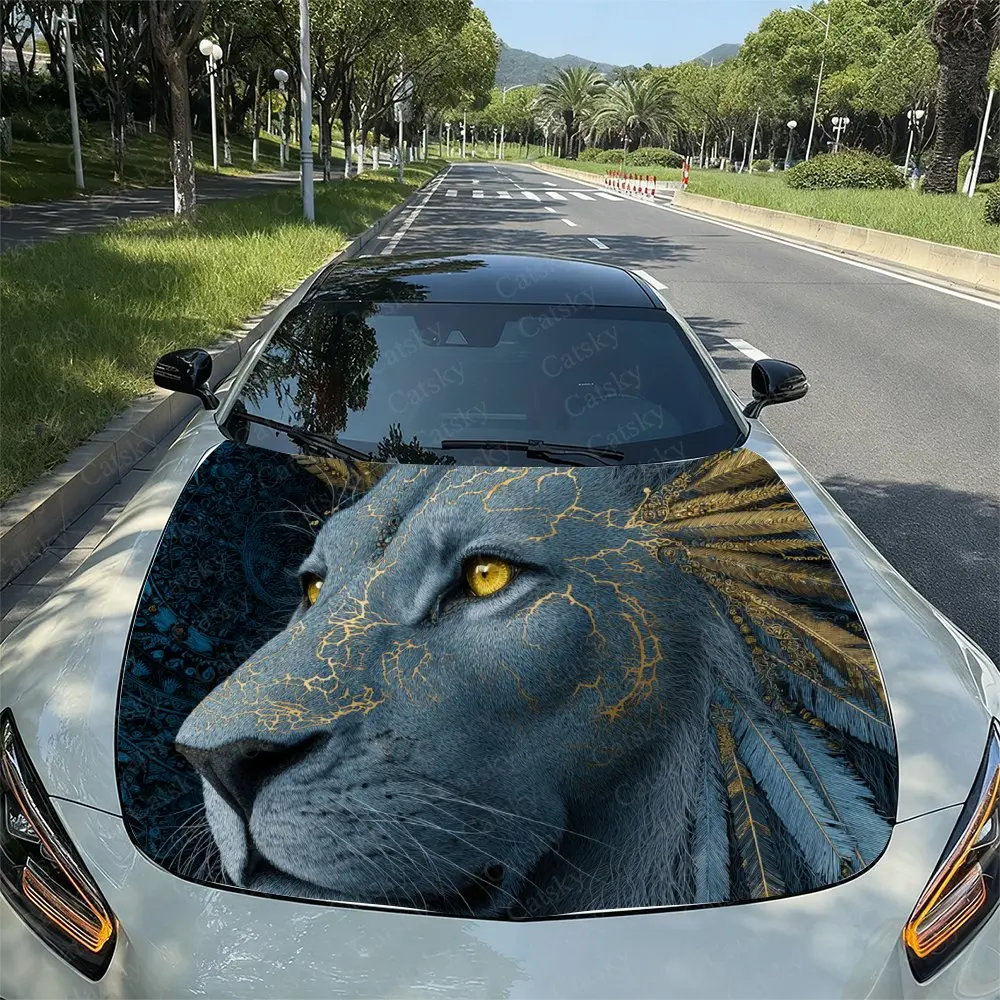 

Golden Eyed Green Lion Car Hood Decal Sticker, Durable Car Vinyl Wraps Suitable For Most Vehicles, Car Engine Hood Protective Fi
