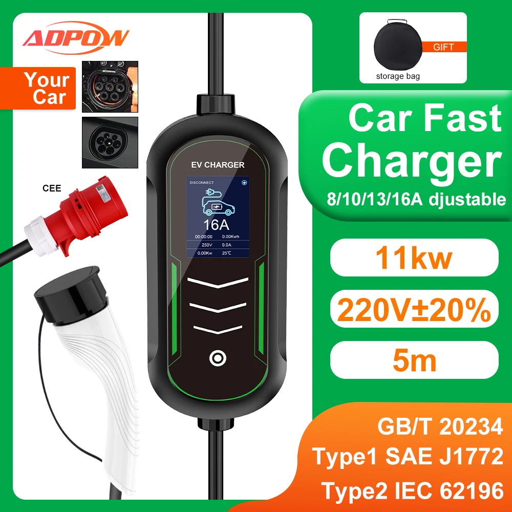 

ADPOW 16A Type2 EV Chargers J1772 GBT Socket EVSE 5M Cable Current Adjustable Control Box Charging Accessories for Electric Car