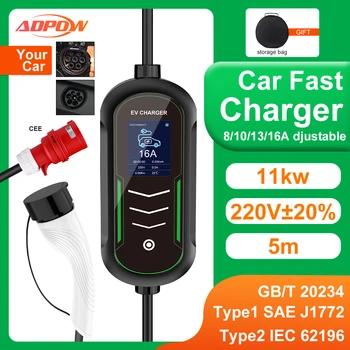 ADPOW 11KW 16A EV Taşınabilir Şarj Cihazı Type2 IEC62196-2 GBT EVSE Araç Şarj Kutusu Elektrikli Araç PHEV Arabalar Şarj Cihazı CEE Fişi