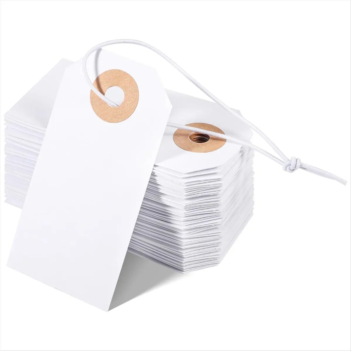 ABFW 100 Pack Blank Tags with Elastic String Marking Hang Tags Attached Reinforced Hole Writable Blank Tags 2.75x1.37Inch