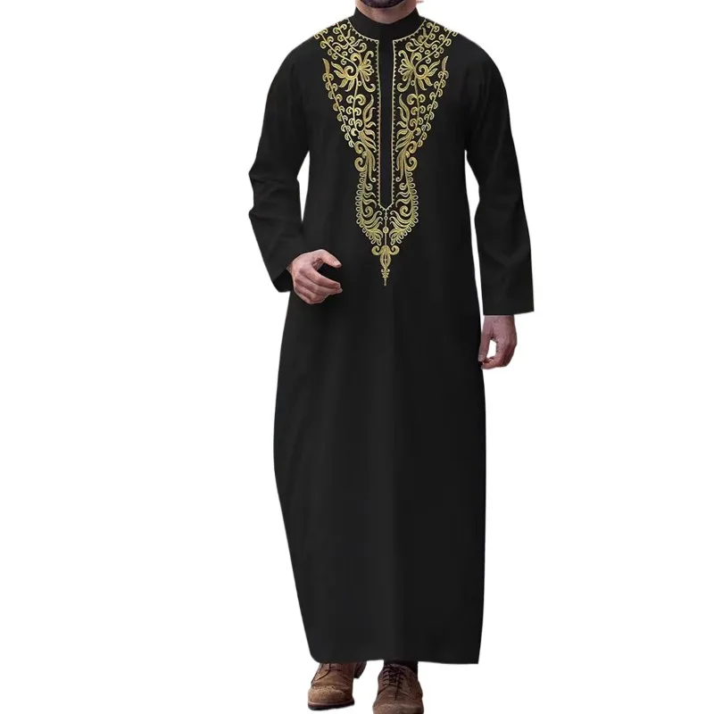 

Middle Eastern Men Long Robe Long Sleeve Embroidery Stand Collar Arabic Loose Men Muslim Thobe