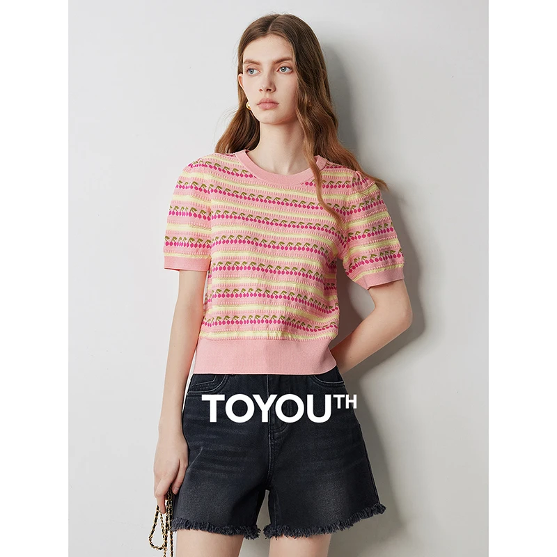 

TOYOUTH Women Knitwear 2024 Summer New Jacquard Rainbow Cherry Striped Short Sleeve Knitwear Pullover Tops