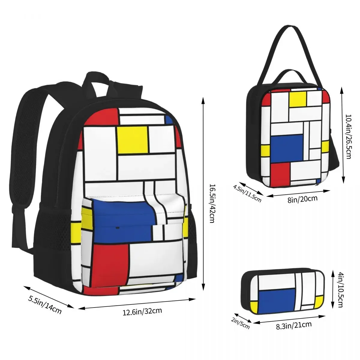 Mondrian Minimalist De Stijl Modern Art II Fatfatin Backpacks Bookbag School Bags Rucksack Lunch Bag Pen Bag Three-Piece Set