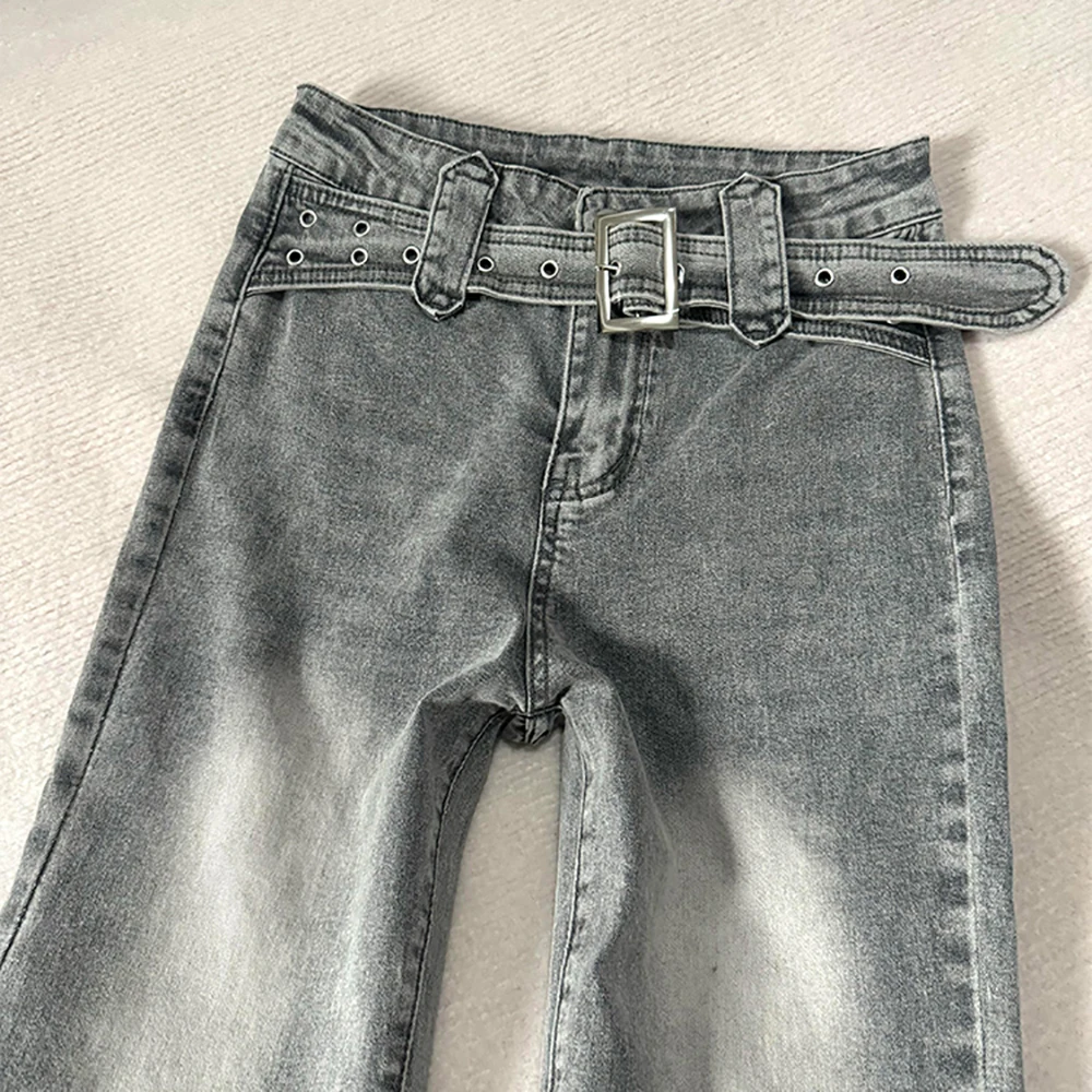 女性レトロ洗浄フレアジーンズアメリカンヴィンテージ秋ハイウエストグレーロングブーツカットパンツダメージデニムパンツストリート