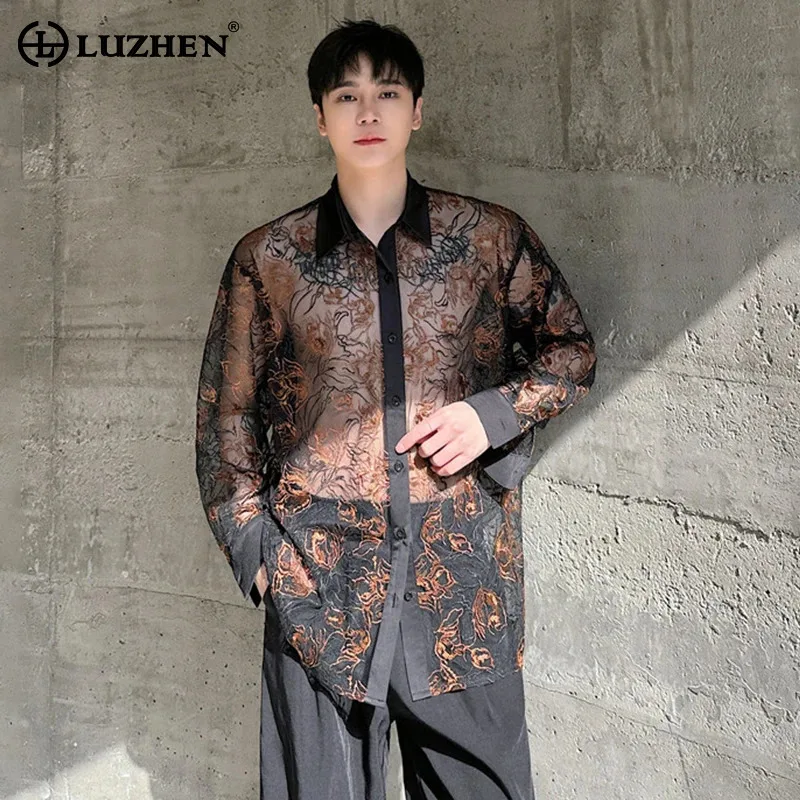 

LUZHEN Print Pattern Perspective Design Long Sleeved Shirts Men's 2024 New Personalized Trendy Street High Quality Tops LZ3594