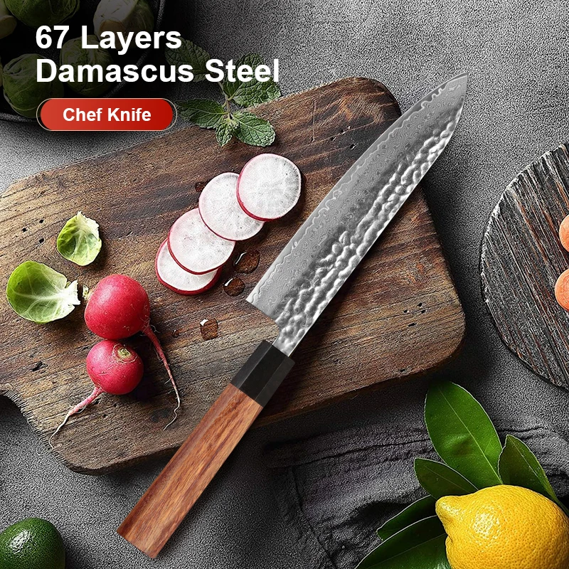 8-Zoll-Küchenmesser, 67-lagiger Damaststahlkern, japanisches Kochmesser, scharfes geschmiedetes Messer, hochwertiger roter Griff