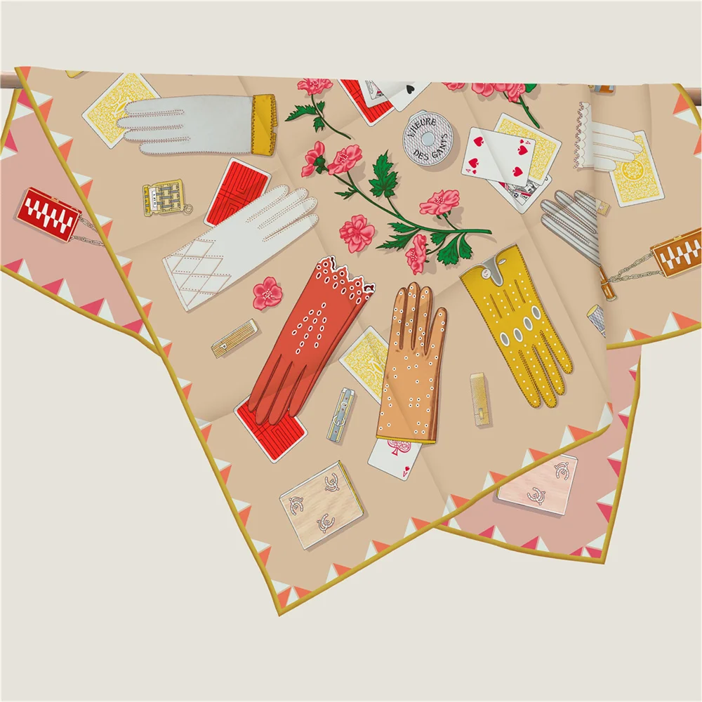 POBING Handgerollter Twill-Seidenschal für Damen, magische Handschuhe, doppelt bedruckte quadratische Schals, Wraps, Echarpes, Foulards, Femme, Hijab, 90 cm – Detail 8