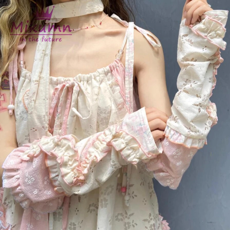 Lolita Long Fingerless Gloves Women Sweet Floral Lace Ruffles Japanese Kawaii Sleeve Gloves Clothing Accessories