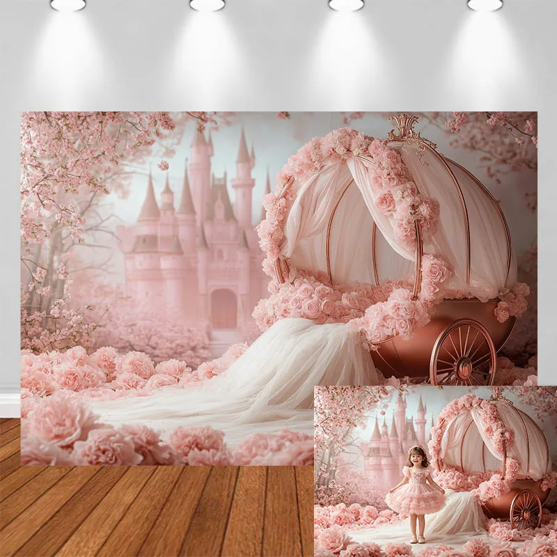 

LS Photography Backdrop Pumpkin Carriage Pink Flower Castle Decor Birthday Wedding Adult Kids Portrait Photo Background Studio
