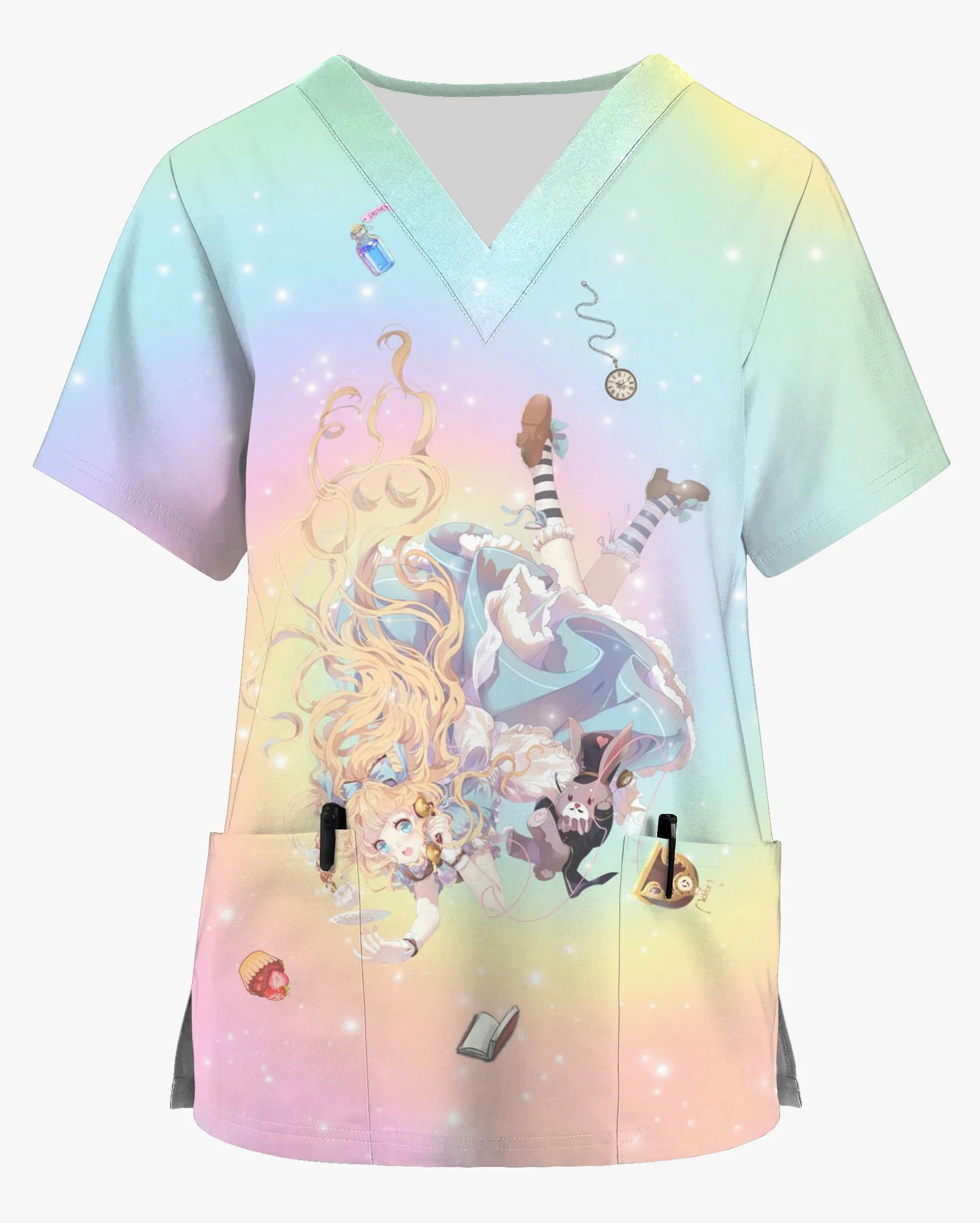 Hospital Flower Shop Women's Work Clothes V-Neck Print Scrub Top Disney Alice in Wonderland Print Pocket Top