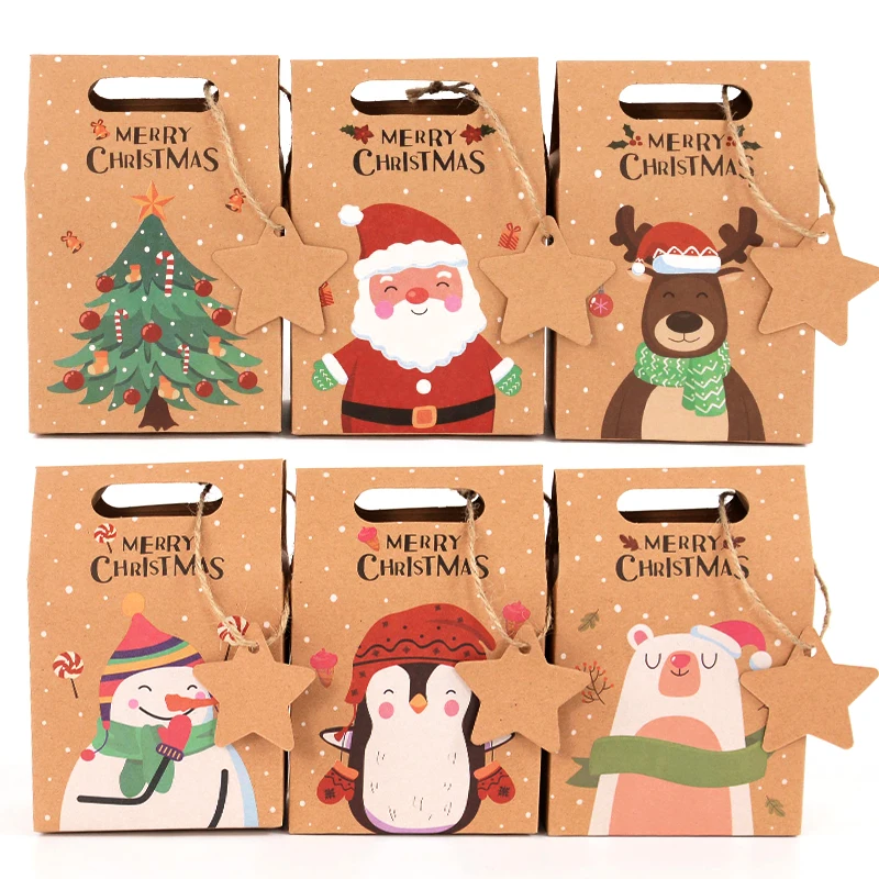 

6PCS Kraft Paper Christmas Candy Boxes With Tags Santa Cookies Gift Packaging Box Bag For New Year Navidad Gifts Home Xmas Decor